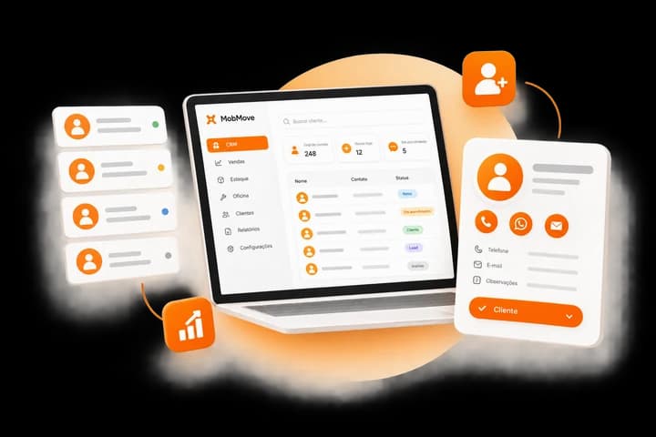 Ilustração do CRM do MobMove: lista de contatos com etapa de cada um e a ficha do cliente com telefone, WhatsApp e e-mail