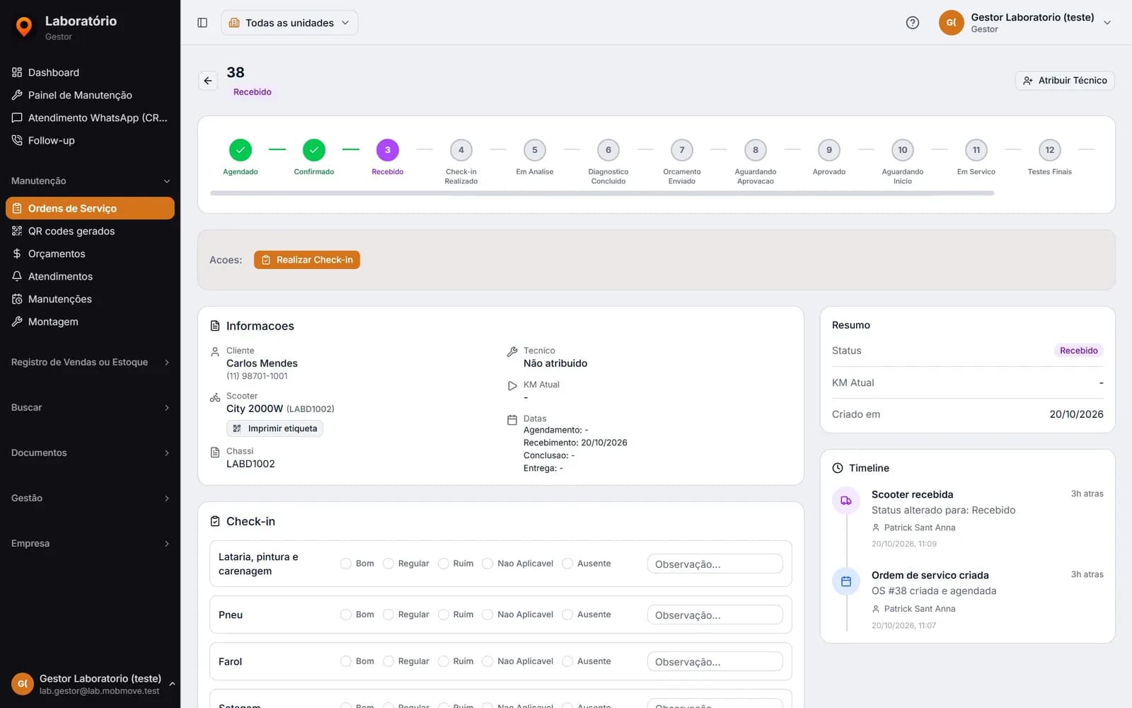 Ordem de serviço no MobMove: a linha de etapas do agendamento à entrega, os dados do cliente e da scooter e o checklist de check-in