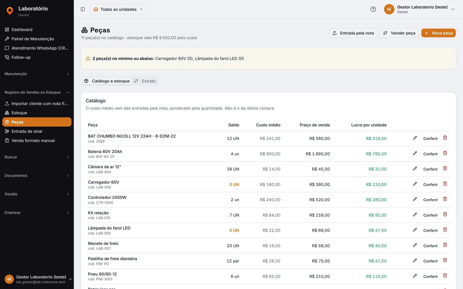 Catálogo de peças no MobMove com saldo, custo médio, preço de venda, lucro por unidade e aviso de peças no mínimo